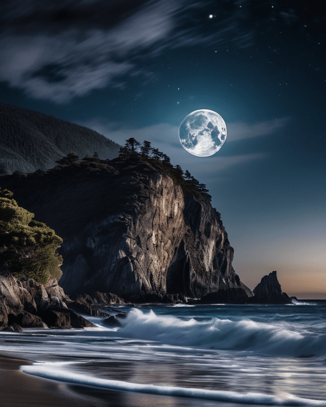 Scenic view of the moon in the night sky, overlooking mountains and the serene ocean shoreline.