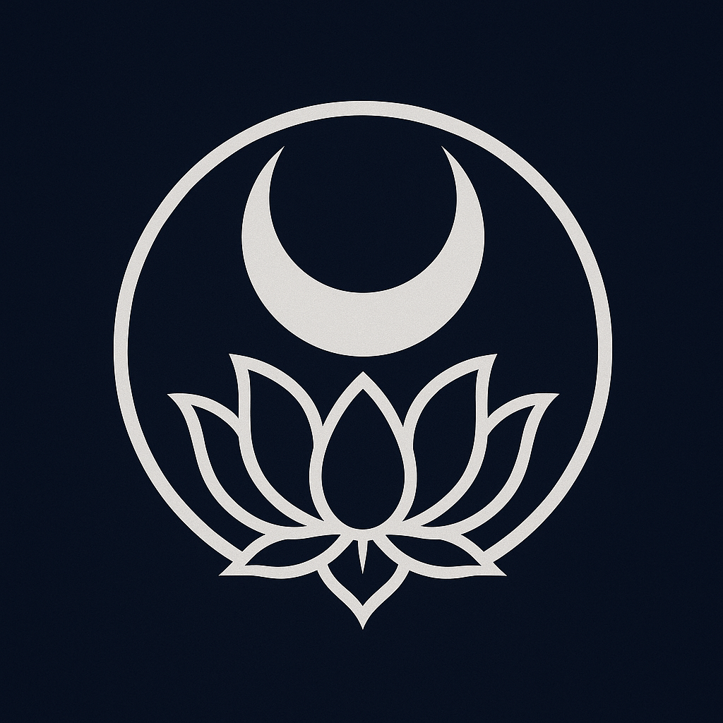A digital sigil representing the Universal Mother Principle, featuring a symmetrical design with flowing curves and lunar-inspired elements. The central icon resembles a cosmic womb encased within petal-like structures, radiating soft energy and protection, surrounded by fine linework suggesting the Tree of Life and sacred containment.