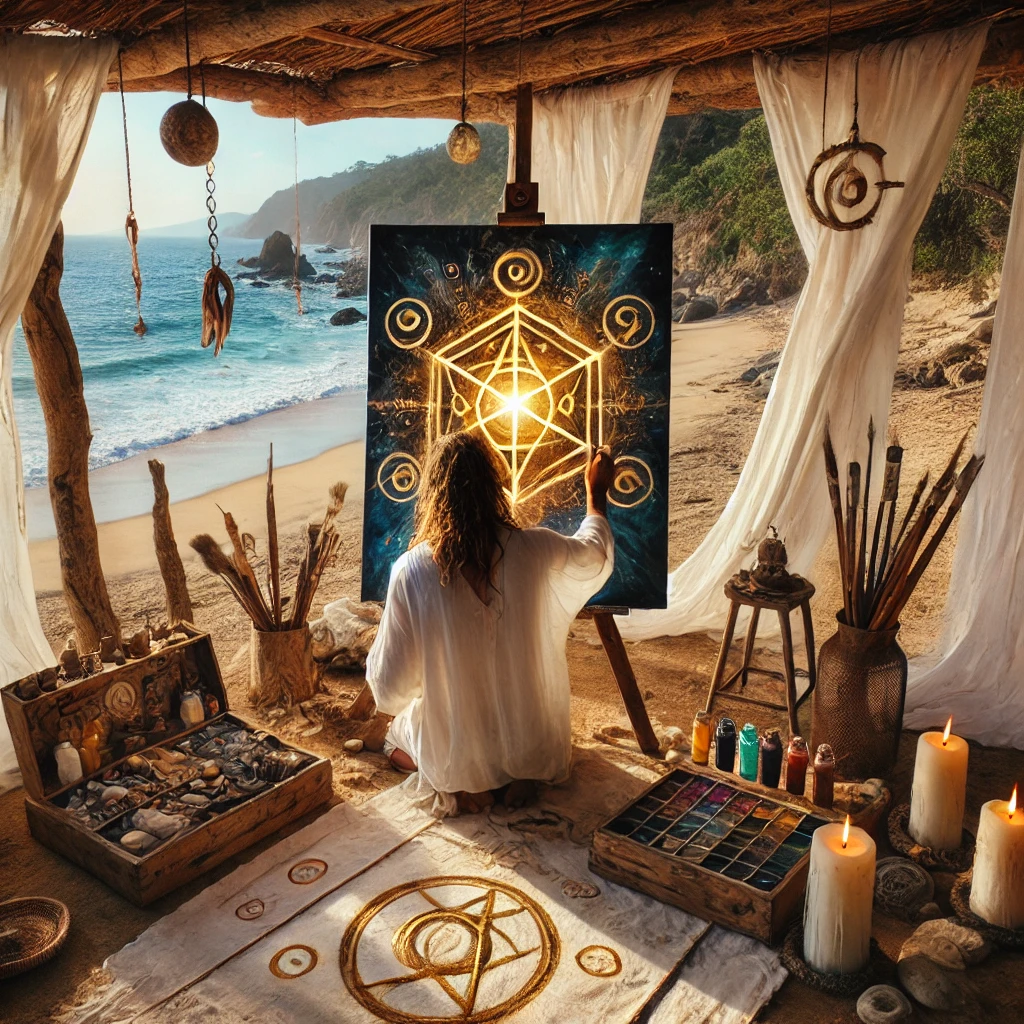 An artist painting a glowing geometric design on a canvas, sitting in a beachside studio with natural light, surrounded by art supplies, candles, and natural decor.