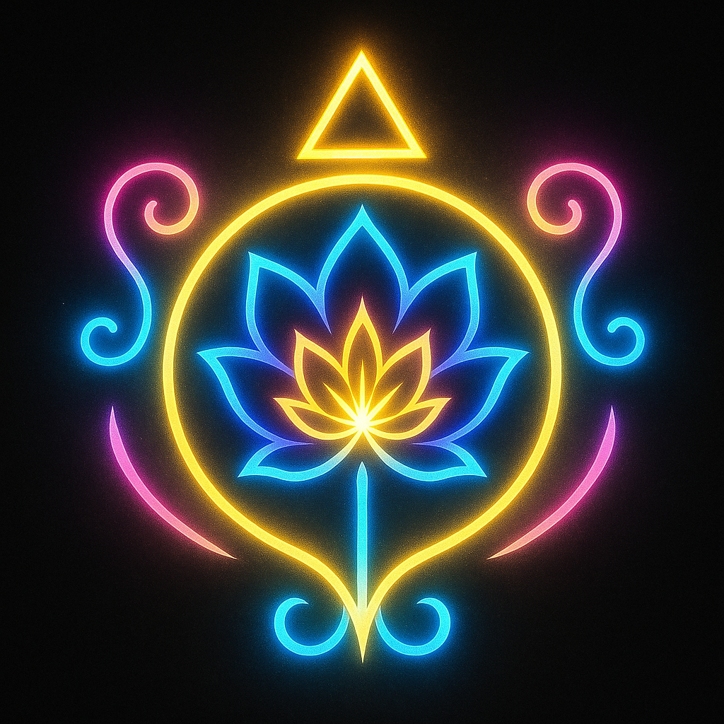 A luminous digital sigil featuring interwoven golden and teal spirals, blossoming from a radiant core and surrounded by petal-like geometric patterns. The design radiates energy and symmetry, symbolizing the regenerative cycles of life, healing, and cosmic renewal.