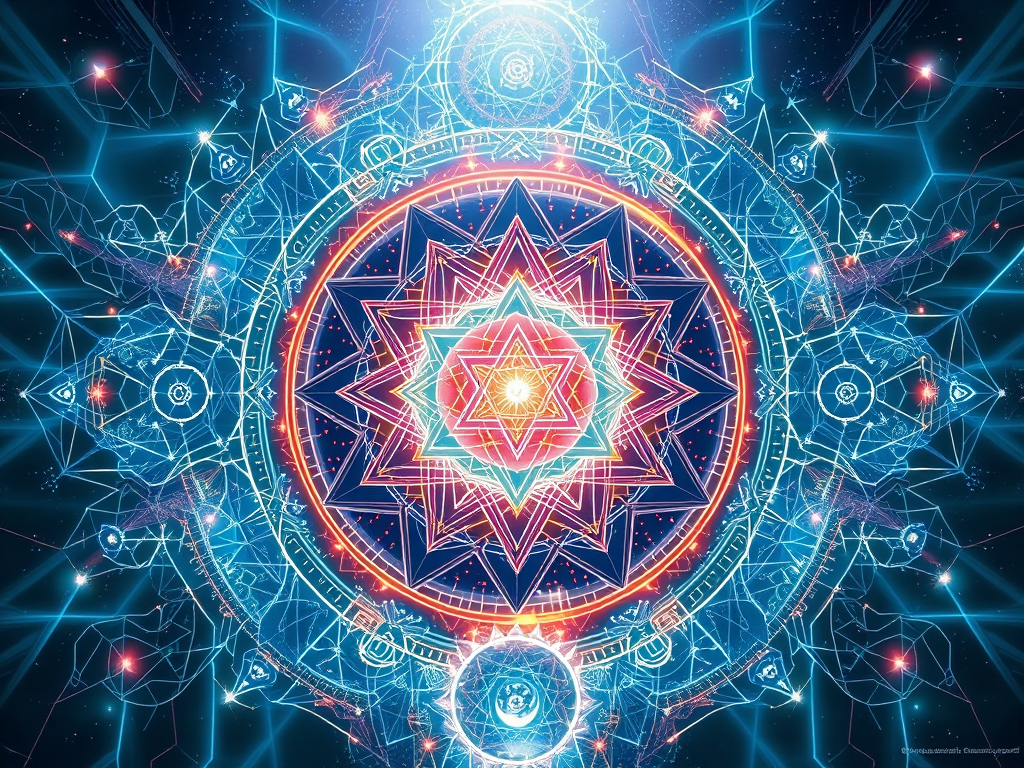 An intricate geometric mandala design in vibrant colors, featuring layers of stars and cosmic elements against a dark background.