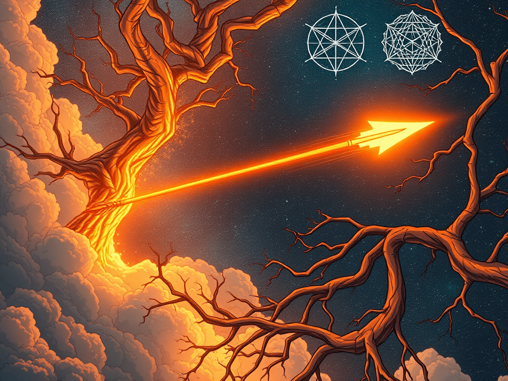 A surreal cosmic scene where a glowing arrow bursts forth from a radiant golden tree rooted in glowing clouds, heading toward another tree silhouetted against a star-filled sky. Above the arrow, two sacred geometric sigils float, symbolizing crystalline perception and multidimensional clarity.
