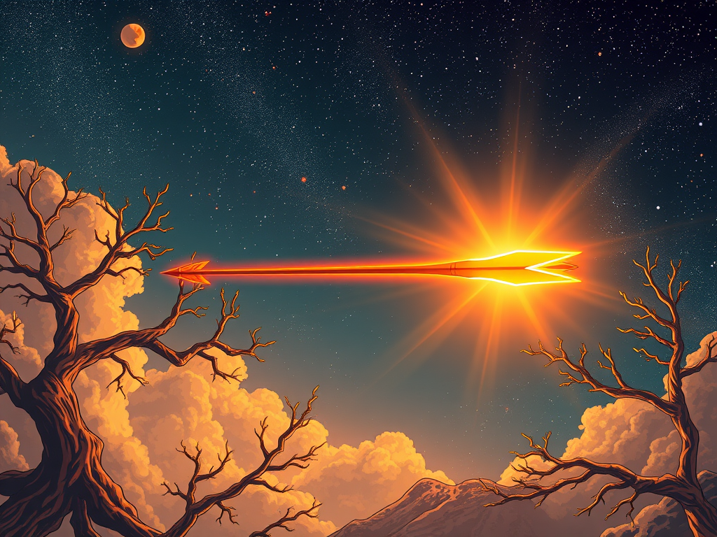 A radiant, fiery arrow soars through the twilight sky, illuminating its path as it moves toward a blazing solar burst. Leafless trees and mountainous silhouettes frame the celestial flight beneath a softly glowing lunar eclipse.