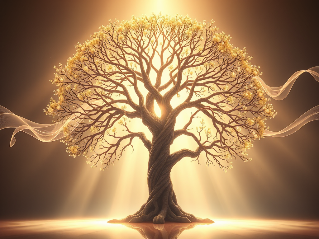 A luminous equilibrium of dual golden scales suspended within a crystalline Tree of Life canopy, with beams of starlight forming a mirrored bridge between them. Ethereal feathers, planetary glyphs, and fluid geometries flow symmetrically on either side, invoking perfect polarity and sacred law. The center radiates a still-point of harmony where form and consciousness meet in sublime accord.