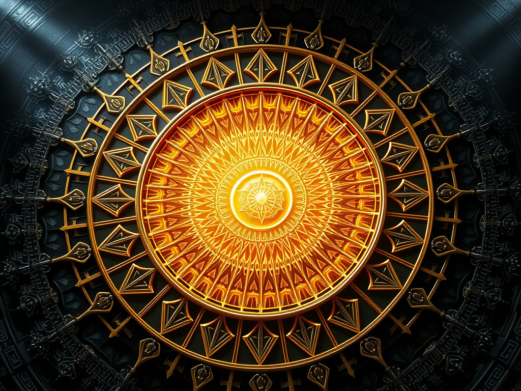 A vibrant mandala with intricate geometric patterns in gold and black, symbolizing the Gate of Life and the Tree of Life, radiating a sense of sacred structure and cosmic alignment.