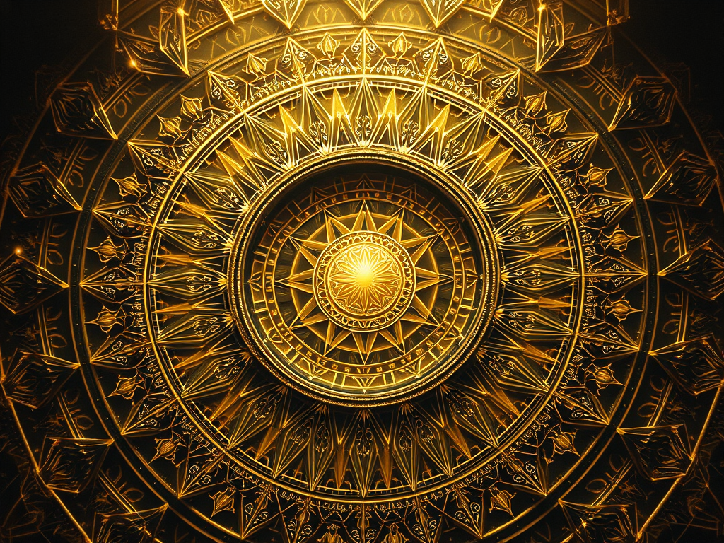 A circular, intricate design featuring golden geometric patterns and symbols radiating from a central sun-like figure, evoking a sense of cosmic balance and sacred geometry.