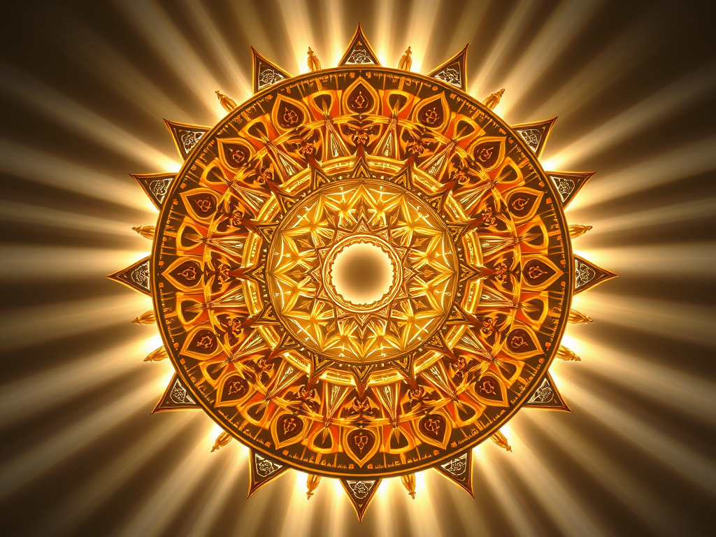 A circular mandala design in shades of gold, featuring intricate patterns and shapes, radiating light from a central point.