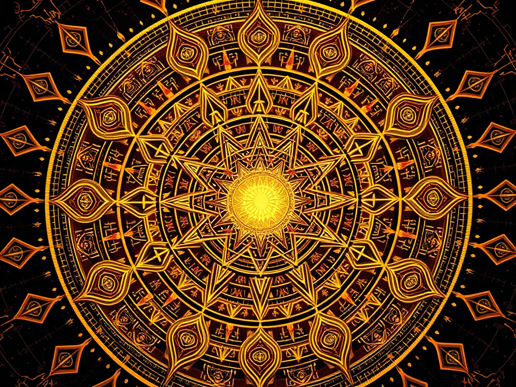A detailed mandala design featuring intricate patterns in gold against a dark background, symbolizing the interconnectedness of life and spiritual ascent.
