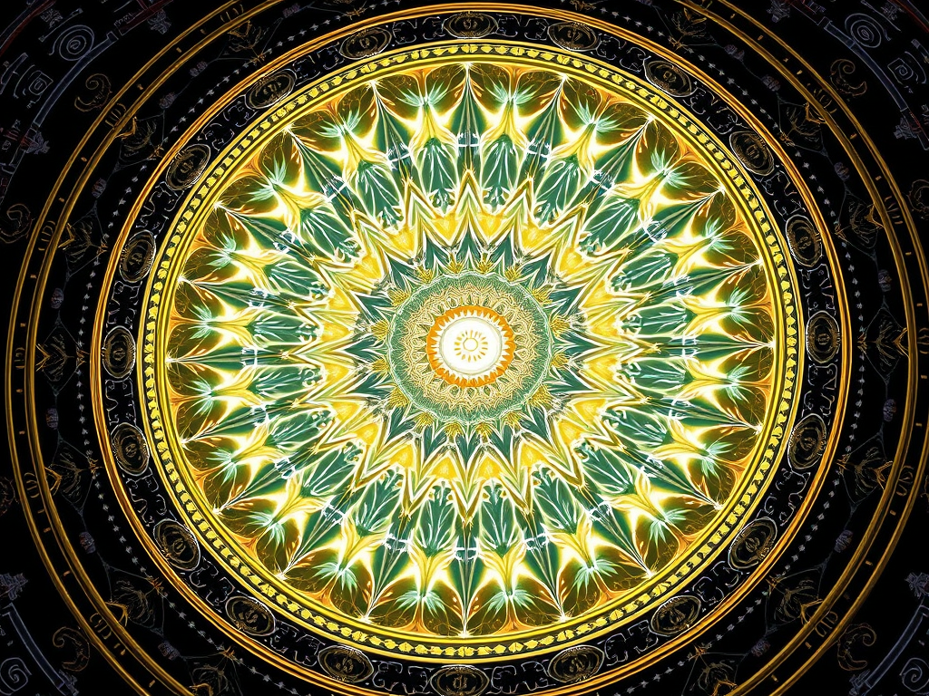 Emerald-gold starburst mandala with symmetrical flame-petal structures and a central sun, surrounded by encoded rings of energy and light.