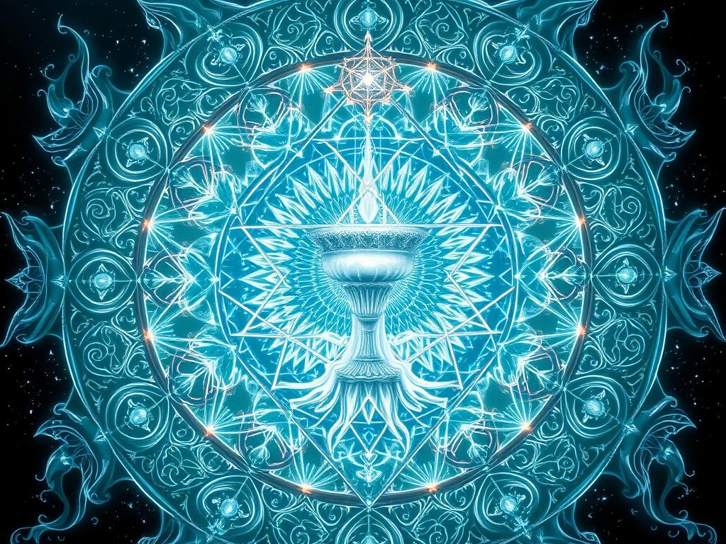 A luminous Tree of Life glows in the center of a cosmic landscape, its branches pulsing with golden orbs of light and streams of crystalline water cascading from above. The roots radiate into a circular harmonic pattern on the rocky ground, while stars and constellations weave a celestial network overhead, signifying divine transmission and multidimensional connection.