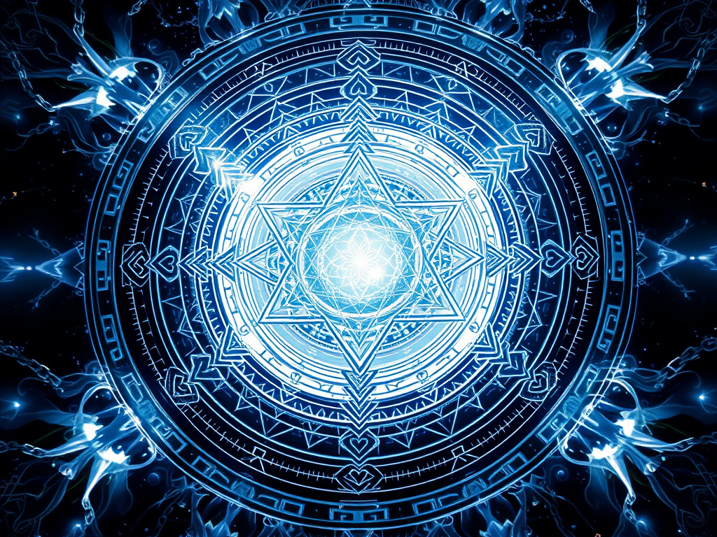 A luminous sigil-mandala composed of intricate sacred geometry, centered around a radiant harmonic core emitting symmetrical waves of energy. The central structure appears as a crystalline gateway, symbolizing breath mastery and emotional stillness, with flowing silver-blue lines resembling airflow. Surrounding the core are concentric planetary rings embedded with dissolved chains and fragmented echoes fading into light, representing the release of outdated patterns. A translucent ouroboros encircles the entire design, signifying mastery over subconscious cycles. The color palette features deep indigo, emerald green, muted gold, and silver-turquoise, blending ancient parchment textures with futuristic circuitry. The overall effect is one of divine resonance and galactic alignment—visually alive and vibrating with conscious intent.