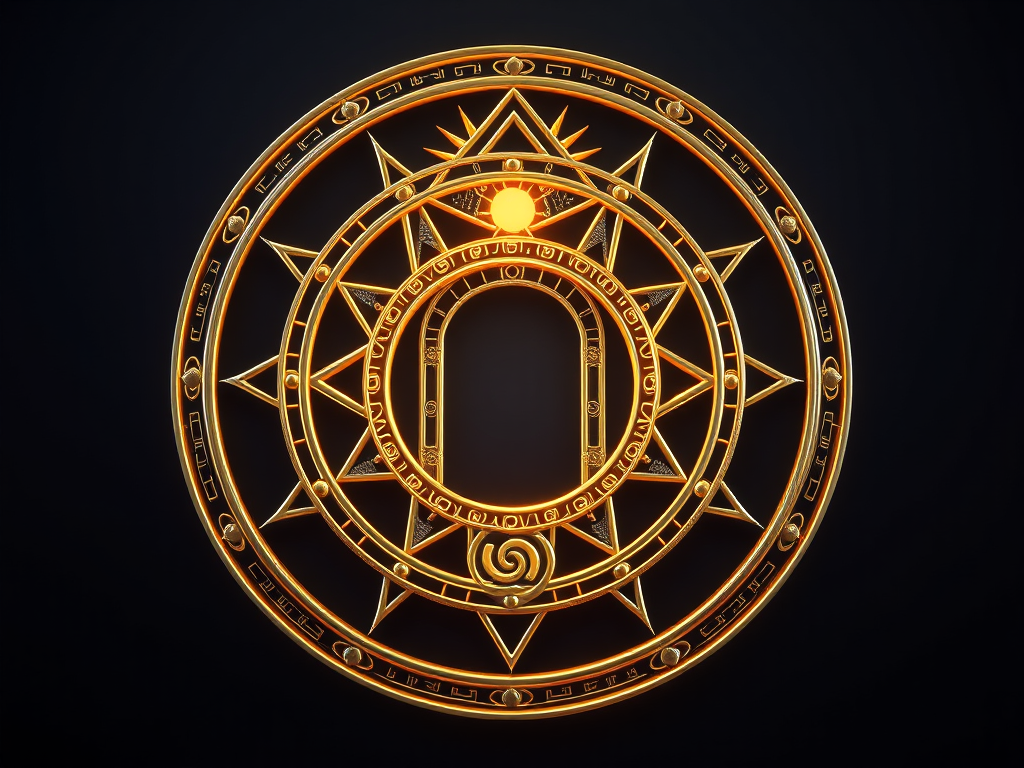 An artistic representation of the Gate of Life, featuring intricate golden geometric patterns with a central archway, symbolizing a sacred threshold and principles of alignment and structure.