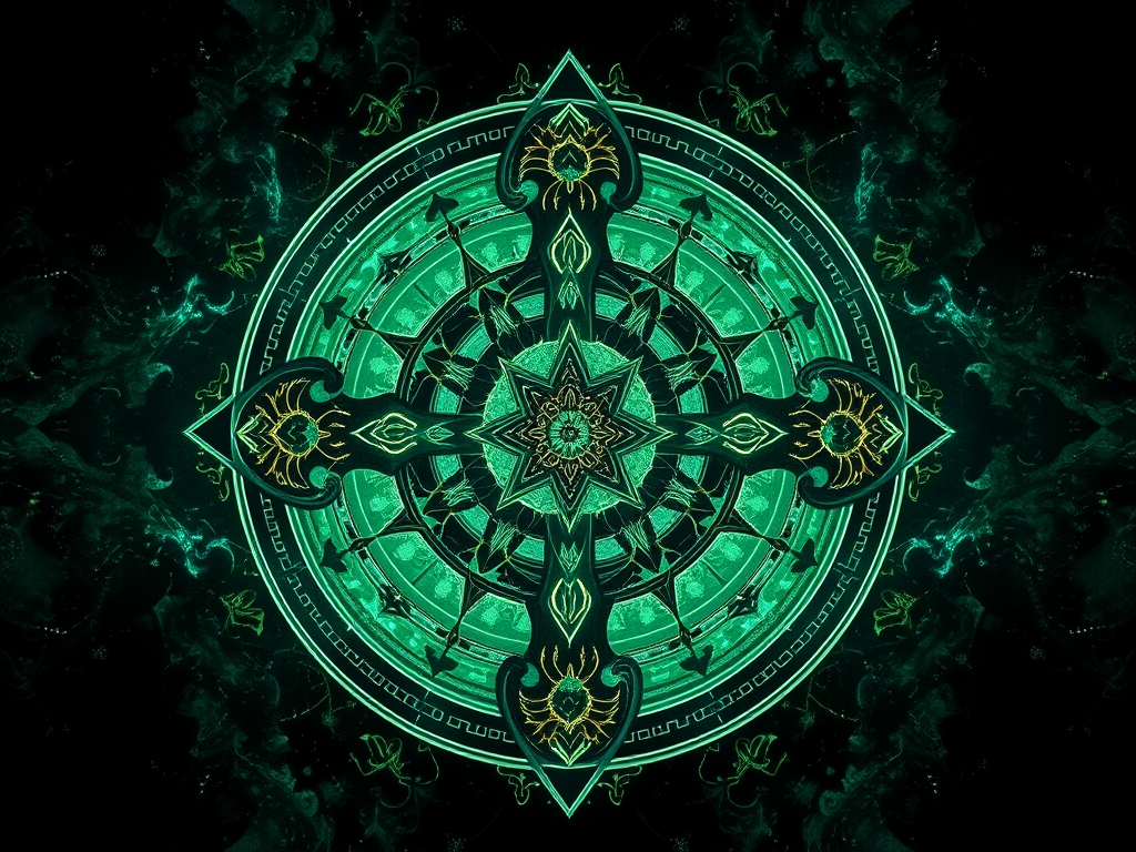This sigil represents the initial energetic seal of embodiment. Its directional arrows and spiraling symmetry symbolize the act of aligning internal truth with external form. The golden lines reflect solar sovereignty, while the emerald tones anchor abundance and Earth-rooted intention. The geometry encodes the command: “I now walk as my myth.” Best used to begin sacred reading or intention-setting rituals.