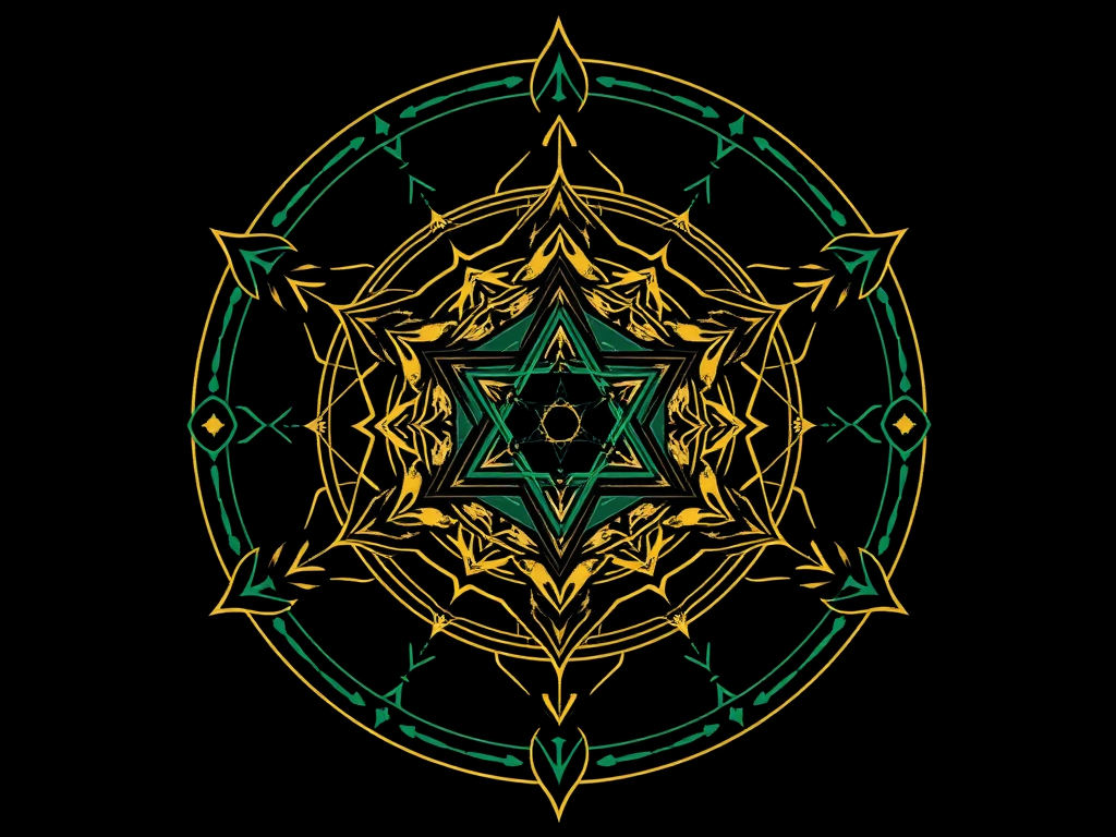 A symmetrical golden sigil with emerald detailing, set against a black background. Arrows and spiral elements radiate from a central six-pointed star-like geometry, forming a frequency lock symbol.