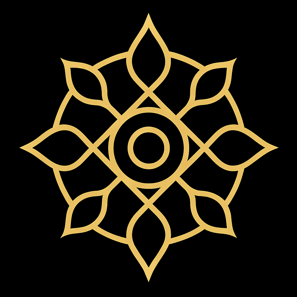 An intricate golden sigil set against a deep cosmic background, symbolizing the essence of harmony and balance. The symmetrical design weaves celestial geometry with gentle radiance, evoking equilibrium, inner stillness, and the unification of polarities. Luminous threads extend from a central luminous sphere, echoing cosmic alignment and serene interconnectedness.