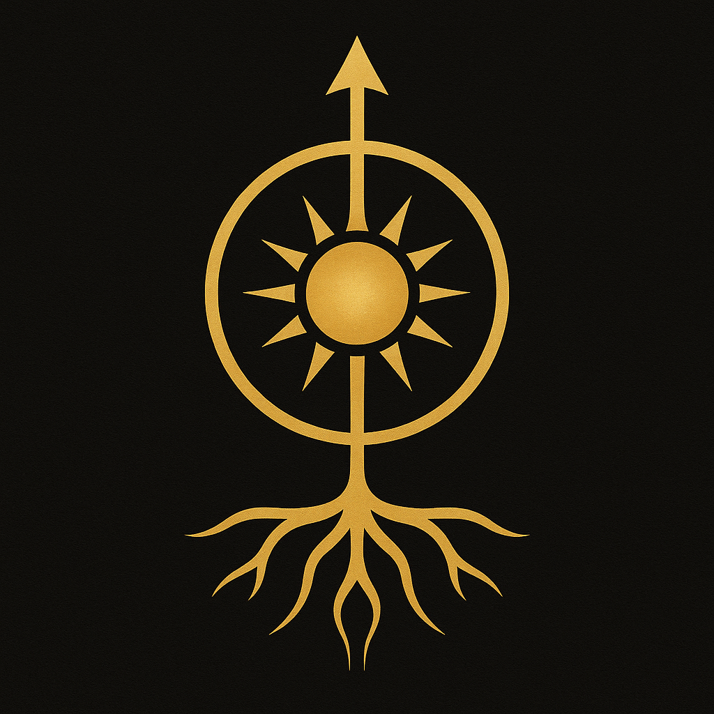 Golden sigil emblem representing the Universal Father Principle, featuring a radiant central sunburst enclosed in sacred geometric patterns, surrounded by intricate lines and symbols suggesting order, strength, and celestial law. The design emanates structured energy and divine masculine clarity.
