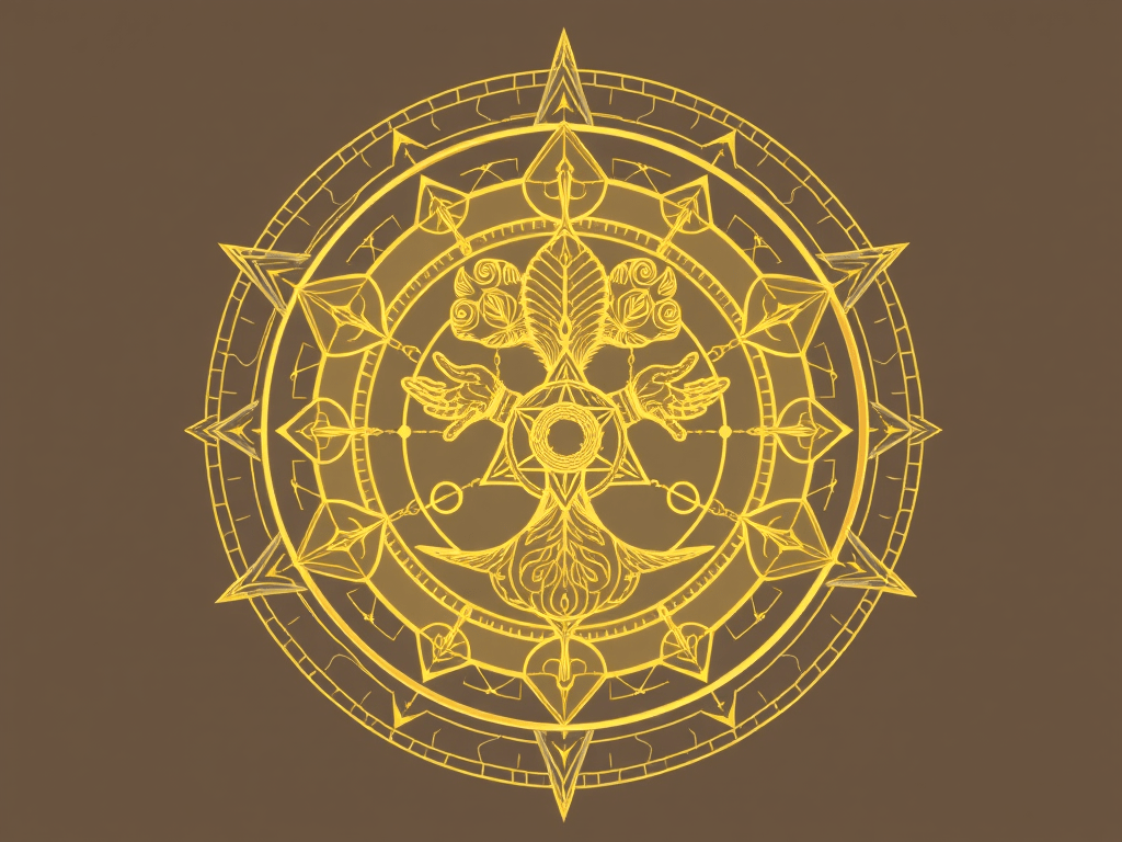 Golden mandala with two open hands and spiraling floral symbols at the center, radiating outward in symmetrical harmony within a compass-like circular frame on a brown background.
