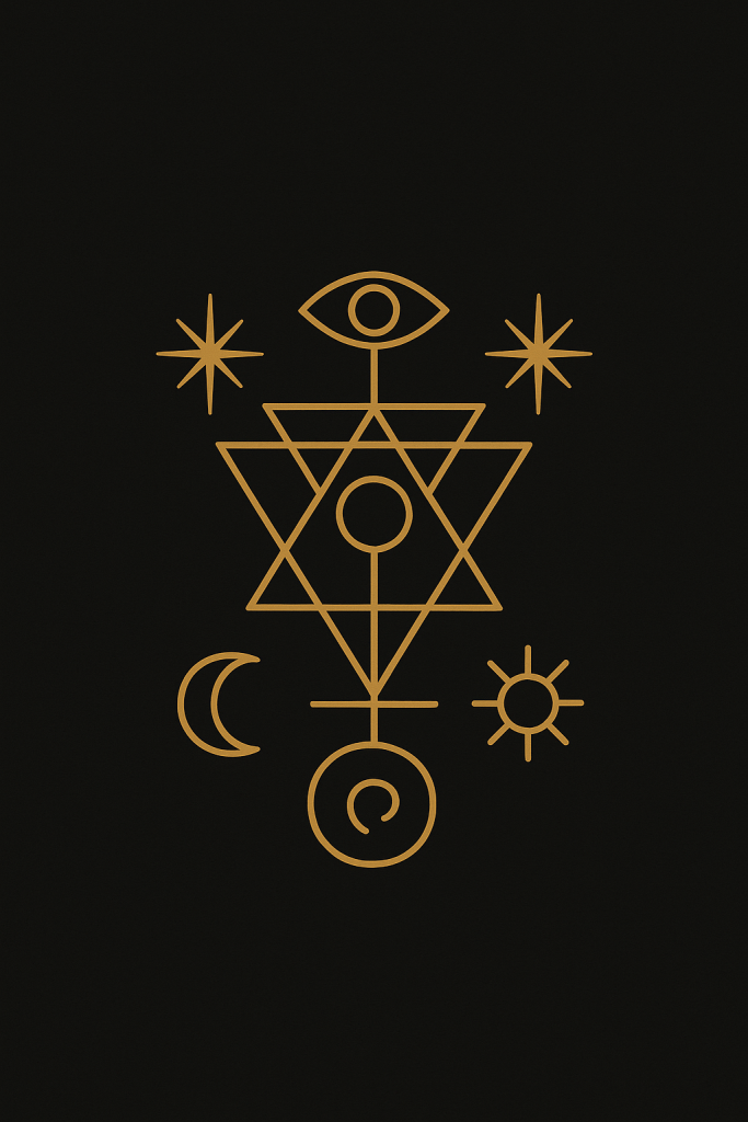 Esoteric golden sigil on a black background, featuring interlocking triangles, a central circle, an all-seeing eye, and celestial symbols of the sun, moon, and stars—representing the Dual Androgen Being.