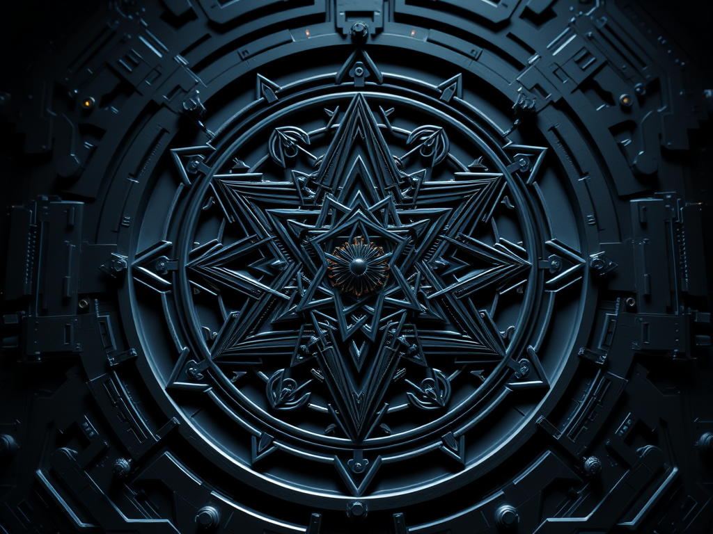 An intricate dark geometric mandala featuring a central star, surrounded by circular patterns and sharp angles, representing harmony and equilibrium.