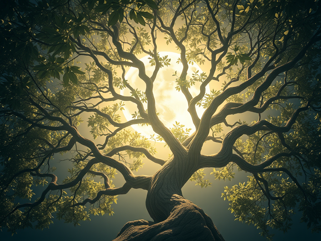 A highly detailed image of the Universal Mother Principle depicted as a luminous lunar sanctum nestled within the flowing branches of an ethereal Tree of Life. Soft moonlight filters through intricately textured leaves, casting a nurturing glow over a womb-like sanctuary. Subtle pulses of cosmic energy ripple through the atmosphere, interwoven with streams of emotional memory. The composition exudes sacredness, emotional intelligence, and gentle containment—embodying trust, healing, and deep feminine integration.

