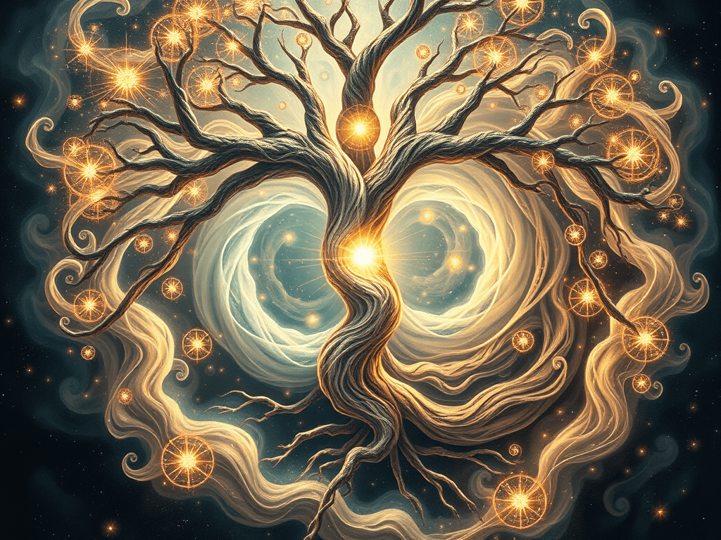 Fractal Tree of Life entwined with mirrored masculine and feminine energy flows, rising as a unified axis crowned by radiant sacred geometry. The design symbolizes the Dual Androgen Being principle—divine polarity in harmony, conscious evolution, and the sacred fusion of thought and embodiment within the cosmic lattice.