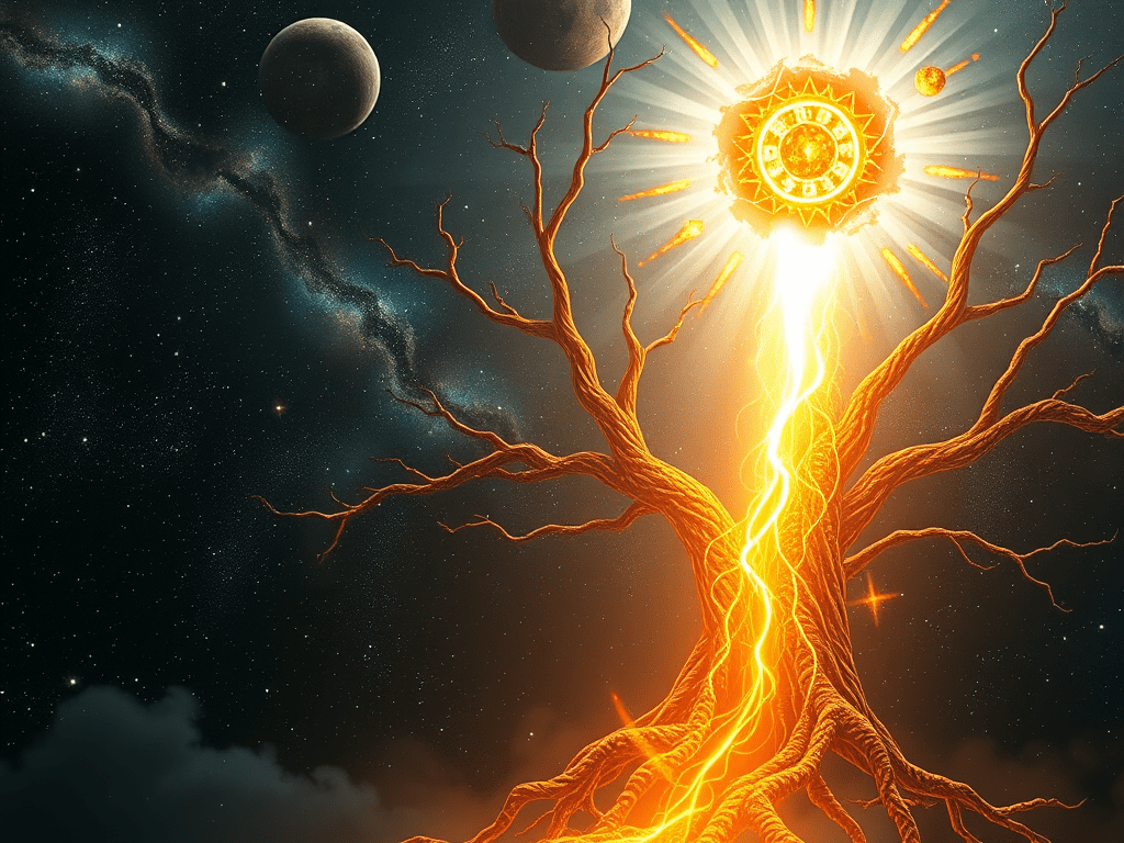 A sacred flame emerging from the base of the tree of life, symbolizing the Universal son Principle-divine ignition, willful emergence, and the beginning of sacred action in alignment with cosmic creation.