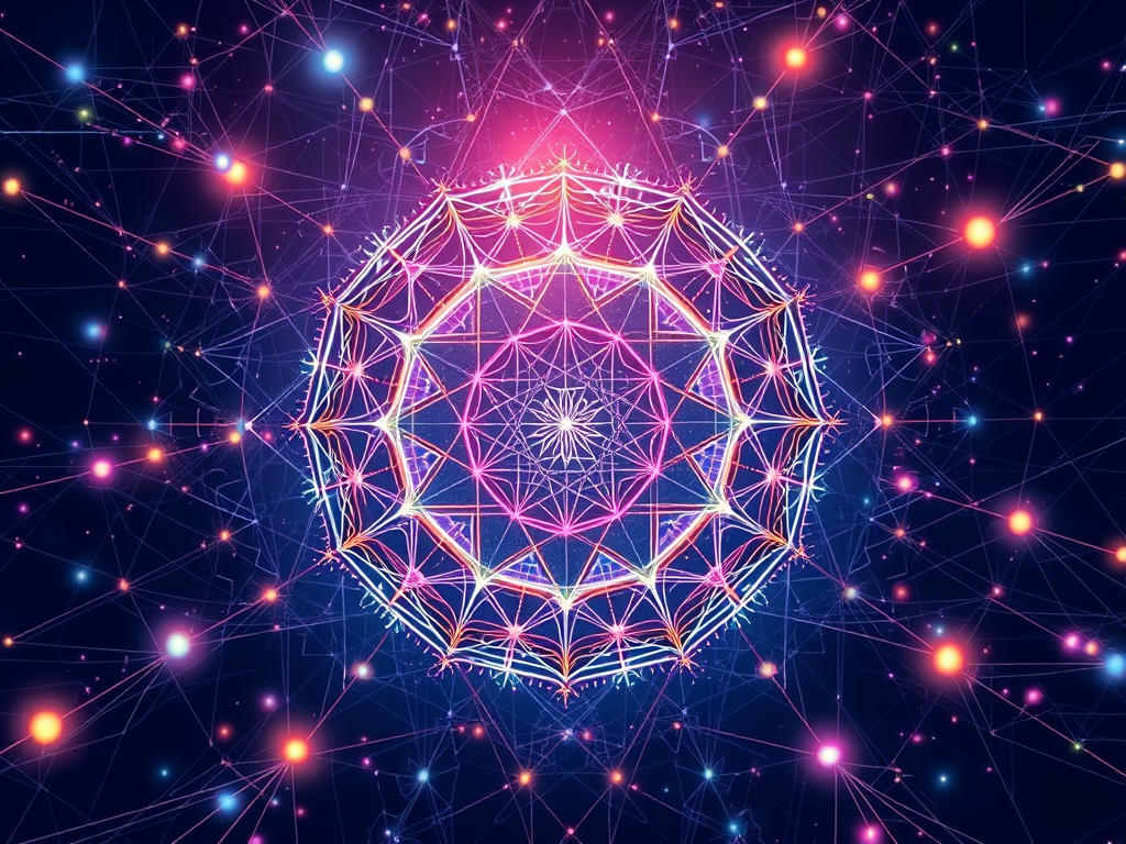 A vibrant geometric mandala of interconnected light nodes and crystalline lines, representing the living lattice of consciousness and multidimensional resonance.
