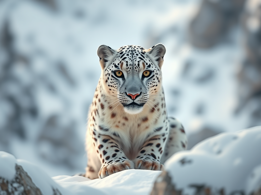 A close-up of a snow leopard sitting on a snowy surface with a blurred mountainous background.