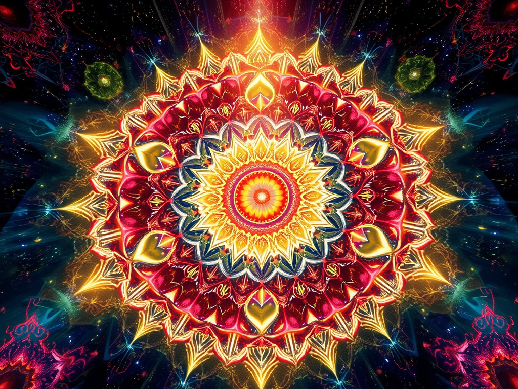 A vibrant mandala design featuring intricate patterns in shades of red, yellow, and blue, set against a cosmic background with swirling colors and light effects.