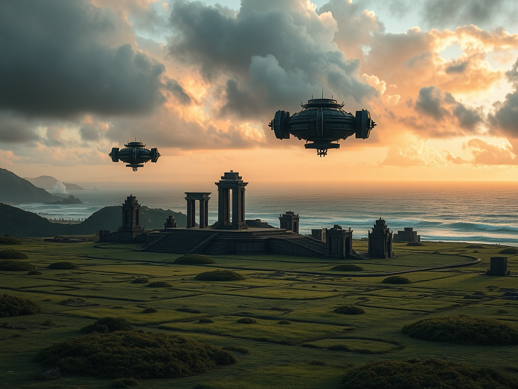 A surreal landscape featuring ancient stone structures and two futuristic spacecraft hovering above at sunset, with a dramatic sky and ocean in the background.