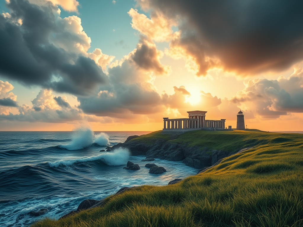 Ancient futuristic temple, in a rock cliff, next to the ocean. 