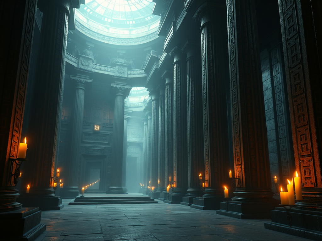 A vast, ancient temple hall with towering columns, dim candlelight, and a glowing oculus above—symbolizing the inner architecture of divine consciousness and alignment with celestial order.