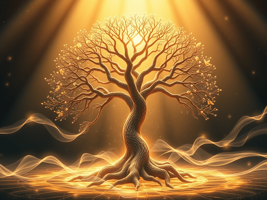 A luminous equilibrium of dual golden scales suspended within a crystalline Tree of Life canopy, with beams of starlight forming a mirrored bridge between them. Ethereal feathers, planetary glyphs, and fluid geometries flow symmetrically on either side, invoking perfect polarity and sacred law. The center radiates a still-point of harmony where form and consciousness meet in sublime accord.