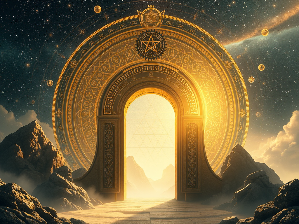 A monumental circular gate adorned with star glyphs and sacred geometry glows under a star-strewn sky, revealing a pathway through mountainous mists into divine order.