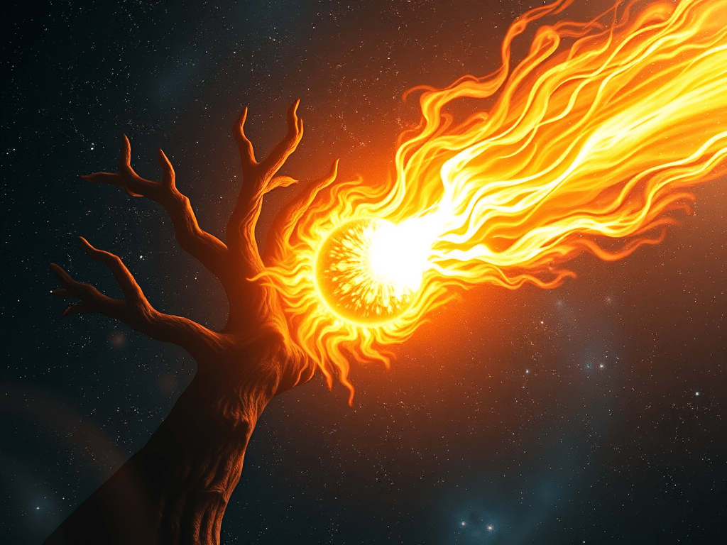 Fiery cosmic tree with a blazing solar sphere emerging from its core, radiating flames into space—symbolizing the Aries archetype and universal Son principle.
