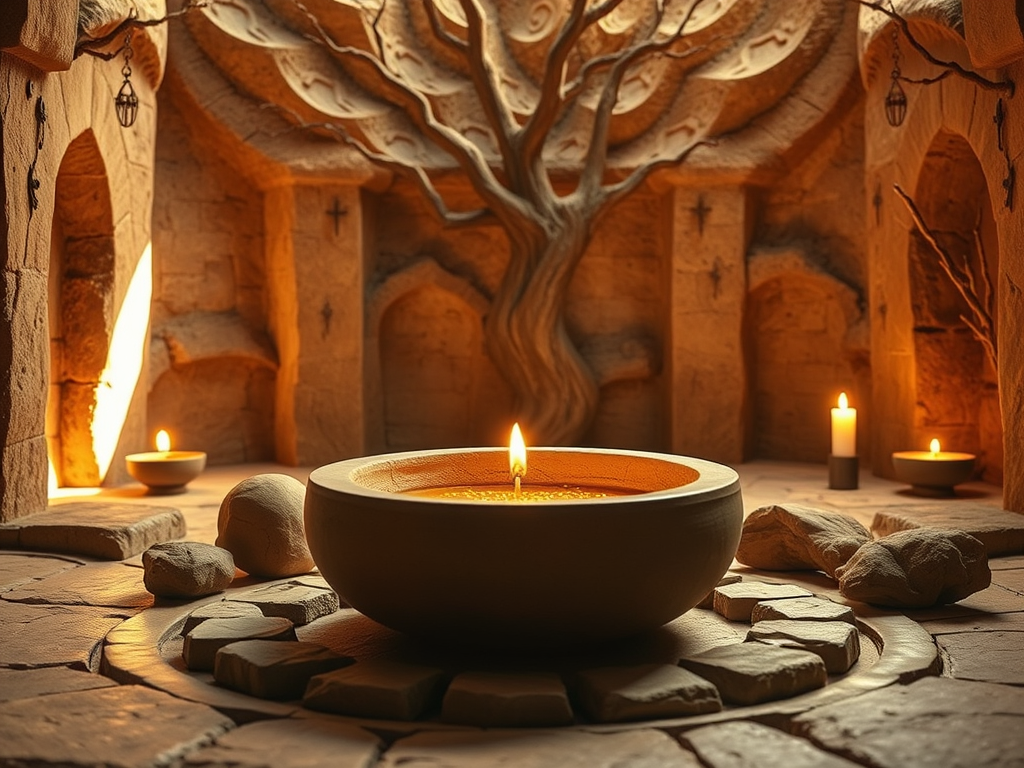 A warm candle burns within a softly lit temple chamber, symbolizing the Sharing of Material Hearth. Behind it, a stylized Tree of Life extends its branches, emanating beauty, simplicity, and the sacred constancy of embodied earth. Generated in resonance with the scroll's harmonic field.