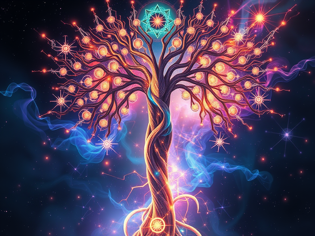 Cosmic Tree of Life glowing with sacred geometry and luminous spheres, symbolizing the dual androgen being — a fusion of divine masculine and feminine energies entwined in a radiant, galactic backdrop.