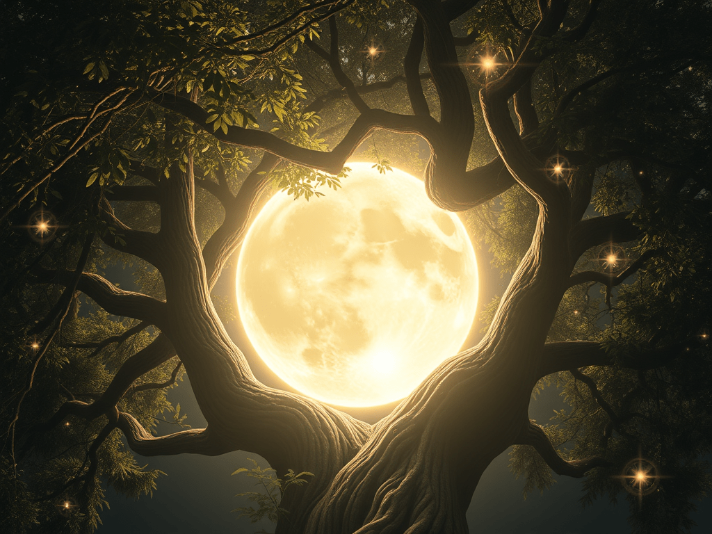 A highly detailed image of the Universal Mother Principle depicted as a luminous lunar sanctum nestled within the flowing branches of an ethereal Tree of Life. Soft moonlight filters through intricately textured leaves, casting a nurturing glow over a womb-like sanctuary. Subtle pulses of cosmic energy ripple through the atmosphere, interwoven with streams of emotional memory. The composition exudes sacredness, emotional intelligence, and gentle containment—embodying trust, healing, and deep feminine integration.