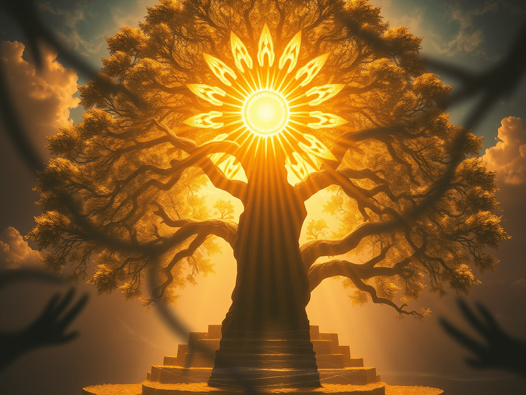 A radiant image symbolizing the Universal Father Principle, depicting a solar figure crowned by geometric rays of light, emerging from the heart of a golden Tree of Life. The design reflects divine will, creative authority, and conscious leadership, with bold yet harmonious symmetry suggesting strength tempered by wisdom.