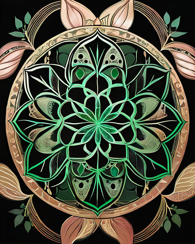 A deep green and black mandala composed of layered petal geometry and subtle natural motifs, forming a symmetrical, radiant field. Though the Tree of Life is unseen, its essence is encoded in the balance, depth, and texture—symbolizing the invisible strength and quiet generosity of the Sharing of Material Hearth principle.