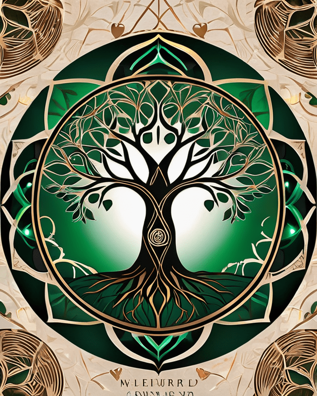 A glowing mandala centered around a stylized heart-shaped Tree of Life, with spiraling roots and luminous branches extending outward. Warm earth tones and subtle radiant light convey the essence of the Sharing of Material Hearth—embodied love, grounded wisdom, and the silent power of sacred presence.