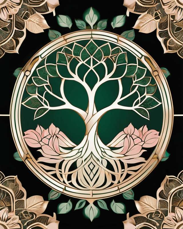 A radiant mandala with a luminous emerald Tree of Life at its core, surrounded by petal-like patterns and golden vinework. The design evokes warmth, nourishment, and sacred sensuality—embodying the Sharing of Material Hearth as a living principle of beauty, stability, and devotional care.