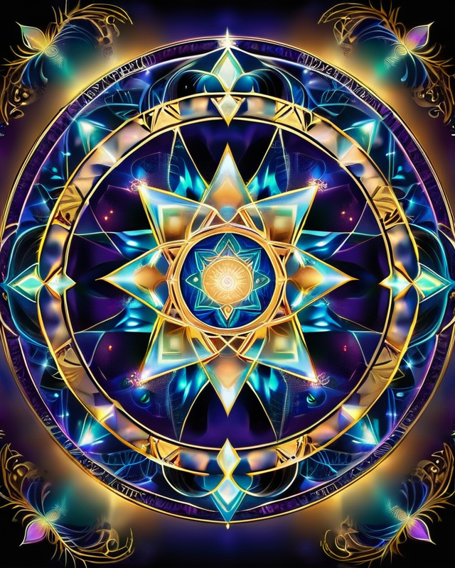 Radiant cosmic mandala with golden star geometry and deep indigo-blue aura, symbolizing divine unity and celestial wisdom.