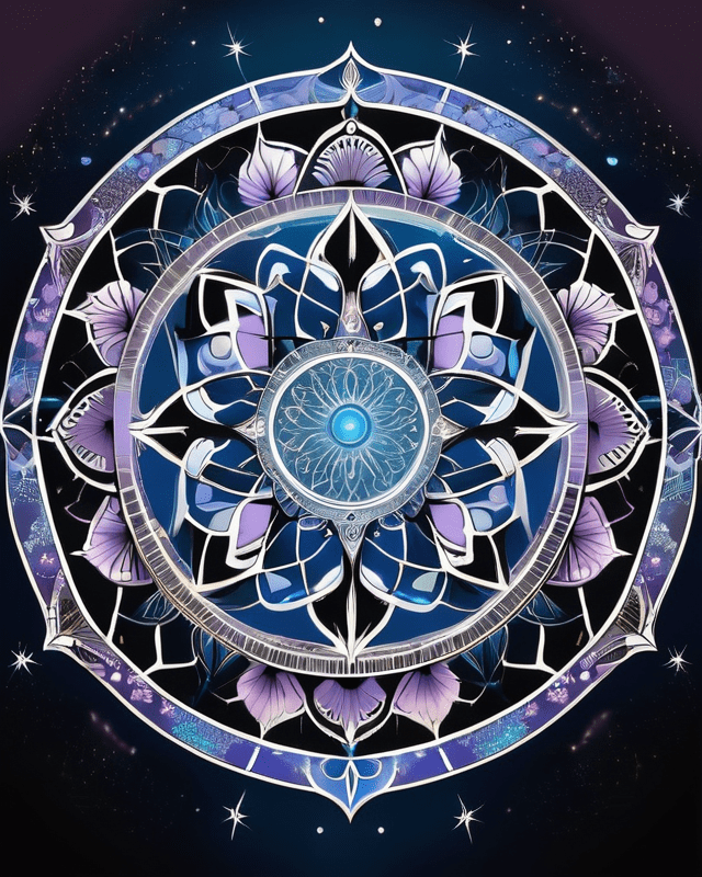 A luminous mandala encircled by petal and star motifs, centered on a radiant orb symbolizing the moon’s emotional and ancestral wisdom. The design conveys a powerful yet gentle sanctuary space, capturing the essence of sacred trust and transmutation.