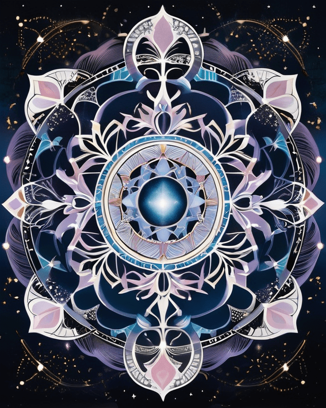 A deeply symmetrical cosmic flower mandala in lunar tones, framed by soft arcs and blooming patterns symbolizing emotional intelligence and protective containment. The sacred center evokes the encoded pulse of the Mother’s timeless memory within the Tree of Life.