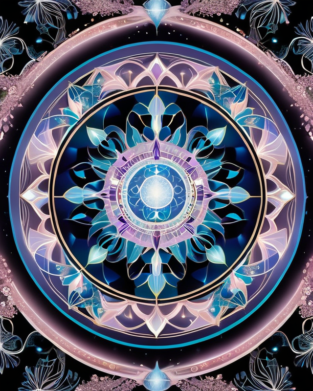 A symmetrical mandala radiating feminine lunar energy, with petal-like geometries and a glowing white-blue moon core. Soft light flows through delicate crystalline arcs, evoking the sense of emotional containment and sacred rhythm found in the Universal Mother Principle.