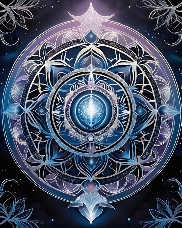 A radiant lunar mandala woven into the branches of the cosmic Tree of Life, glowing with soft blues and violets. At the center, a luminous orb pulses with encoded soul memory, surrounded by intricate floral patterns and sacred geometry. The atmosphere is serene, protective, and emotionally intelligent.
