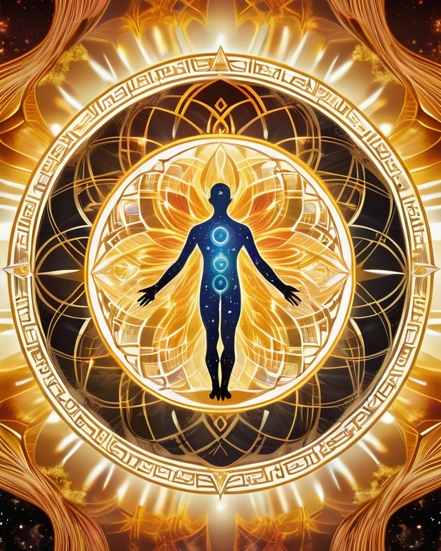 A dark celestial human form embedded with stars stands within an ornate golden mandala that radiates like a sunburst. Golden petals and cosmic circuits expand from the center, forming a symmetrical field of radiant containment, balance, and cosmic harmony.