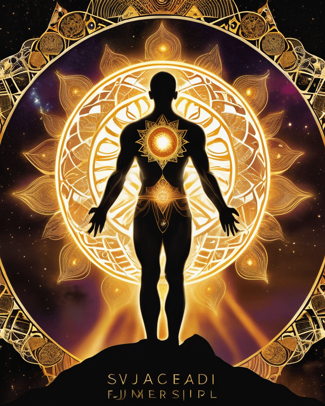 A silhouetted male figure stands on a mountaintop, facing a radiant solar mandala of golden lotus petals and sacred geometric rings. At the center of his chest burns a brilliant sun, and above him floats a golden crown or radiant sigil.