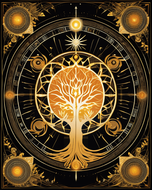 A luminous golden Tree of Life stands at the center of a complex cosmic mandala, surrounded by radiant celestial symbols, circular glyphs, and solar discs, all framed in symmetrical sacred geometry. The image evokes timeless wisdom, grounded structure, and divine authority.